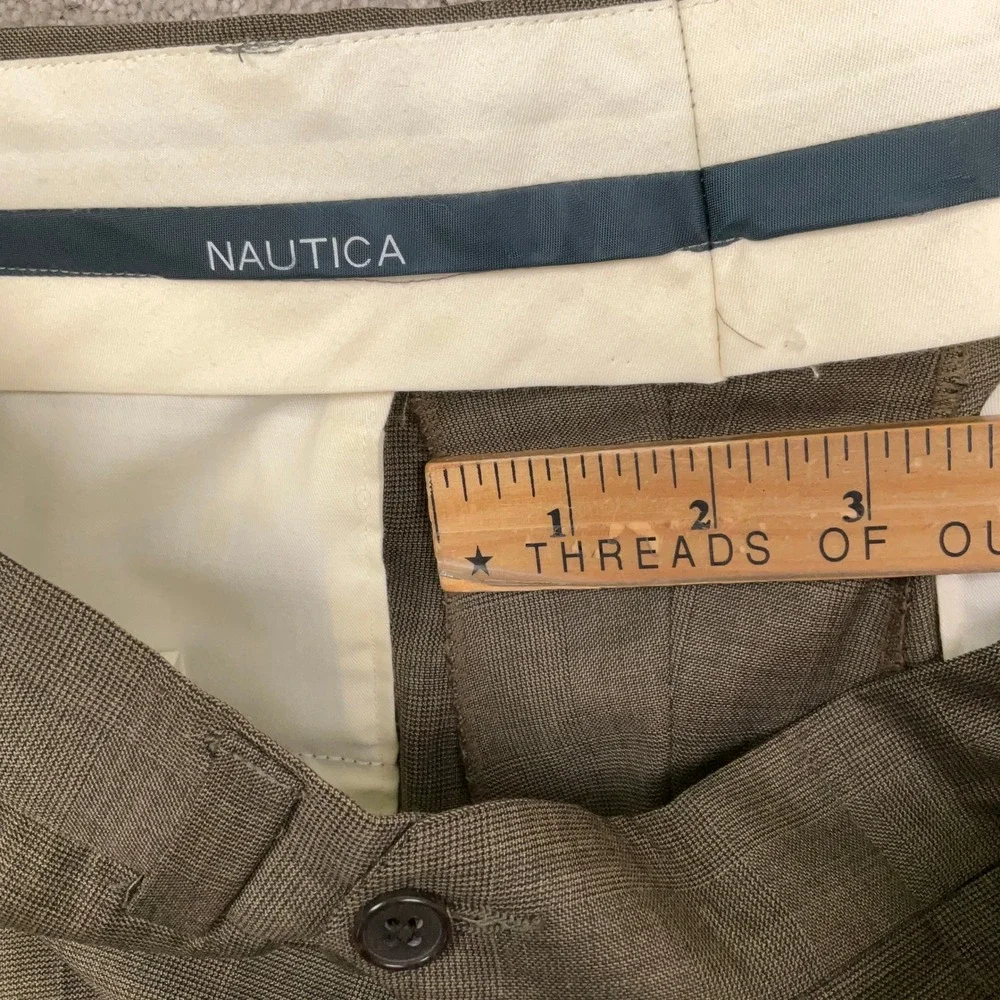 Nautica Suit Men 43R W37 Olive Brown Glen Plaid 3-Button Wool  Unhemmed